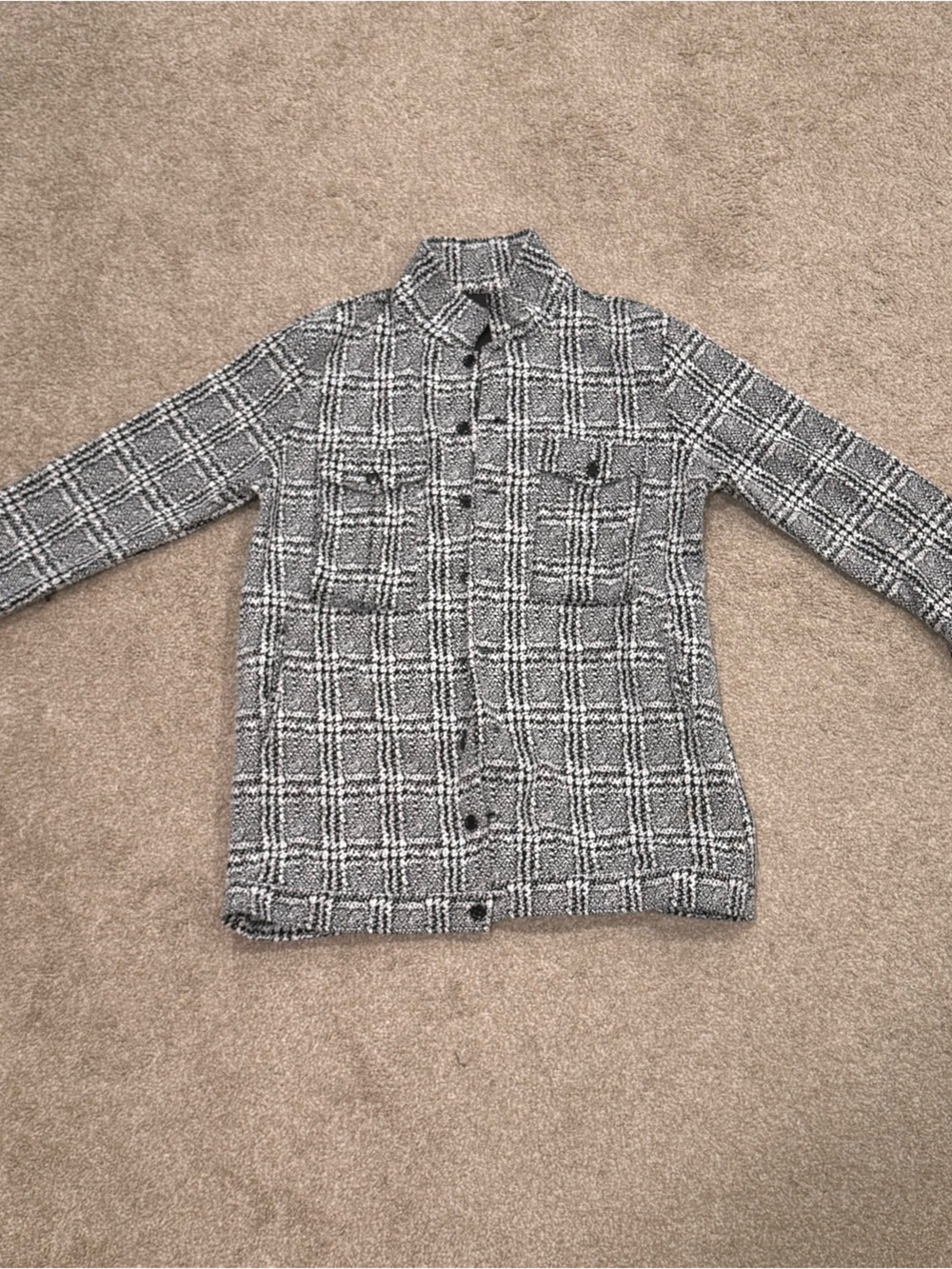 Textured Black & White Plaid Button-Up Jacket